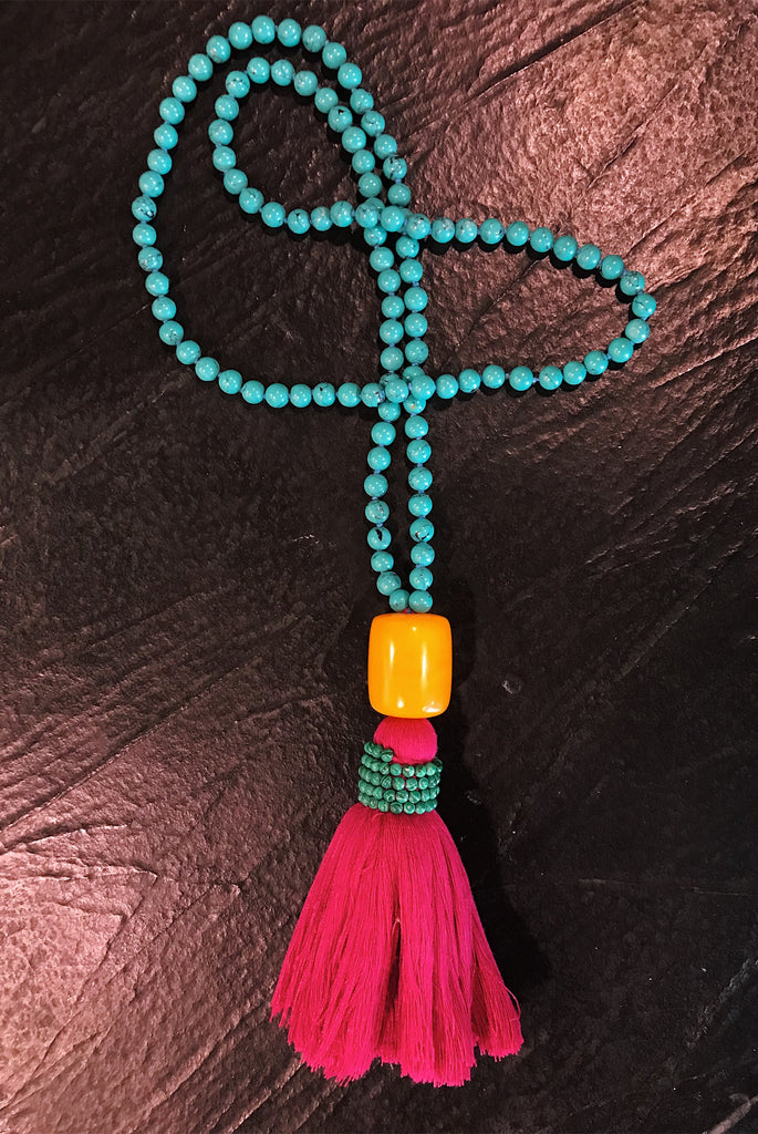 Turquoise beaded tassel necklace